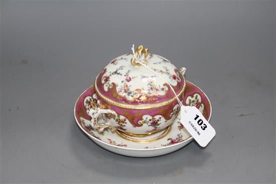 A Chelsea gold anchor Sevres style ecuelle, cover and stand, c.1765, 18cm